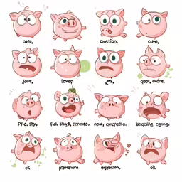 some expressions in different poses for pigs