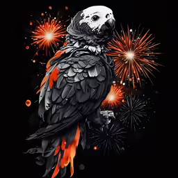 an illustrated image of a parrot perched on top of a firework display