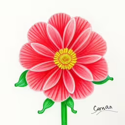 a colorfully colored drawing of a flower,a picture of a flower, it is pink and yellow,a pink flower with yellow center on a white background,a drawing of a large pink flower,an image of a red flower with green leaves