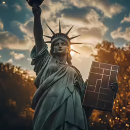 a picture of the statue of liberty with the sunset behind it