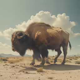 a long horn buffalo walks through the desert