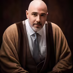 a bald man in a business suit, sweater and tie
