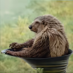a wet wet long haired wet dog sits in a round plastic bowl