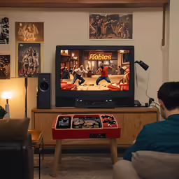 the man is watching the action on the tv