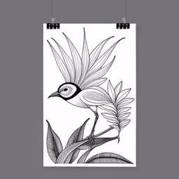 a print with a bird sitting on top of it,a black and white bird sits on a branch next to some leaves