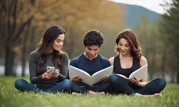 three people are sitting on the grass and looking at books