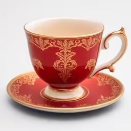 this red, yellow and white cup is on top of a saucer