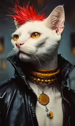 a white cat wearing red and black clothing