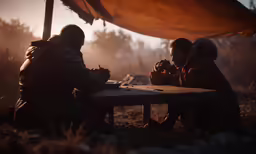 two men sitting at a picnic table with an umbrella
