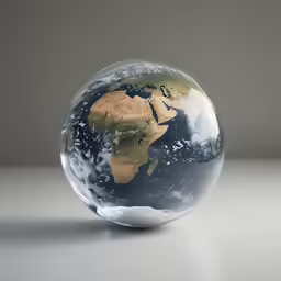 a glass globe sitting on a table in front of a gray wall