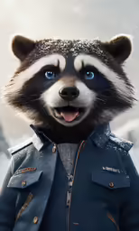 a raccoon dressed in an uniform posing for a photo