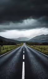 a lonely road surrounded by grassy areas and mountains