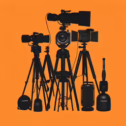 multiple cameras and other equipment on tripods