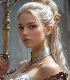 a woman dressed in medieval clothing and holding a sword