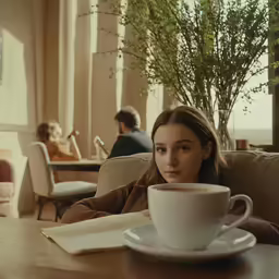 a woman sits on the couch and drinks a cup of coffee