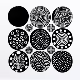 abstract black and white artwork depicting several circular shapes,a picture of nine circular objects in black and white