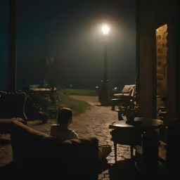 two people sit on a bench at night under street light