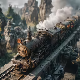 the toy train is going over a bridge