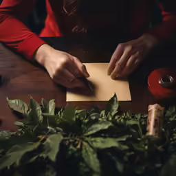 a woman cutting paper with a knife on a desk