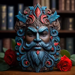 the blue statue is surrounded by roses in front of a bookcase