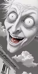 a black and white drawing of an evil looking man in a town