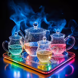 a tray with tea pots and a pitcher filled with colored liquid
