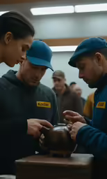 two people are looking at a device on a table
