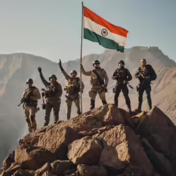 soldiers hold the indian flag atop a mountain