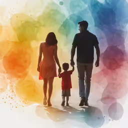 a family is walking across an image with colored circles