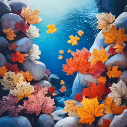 a group of fall leaves floating in the water