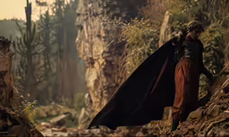 a woman with long hair and a long black coat, is walking on a trail by some rocks
