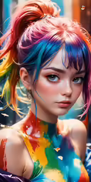 a girl with colorful hair and blue eyes in a rainbow - colored dress