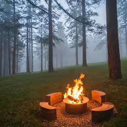 a very large fire pit is lit up in a foggy forest