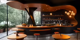 a black and gold restaurant with an elegant bar