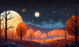 a cartoon illustration of someone walking down the road,the sun is setting behind trees and a mountain landscape