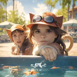 two little girls dressed in halloween costumes in a swimming pool