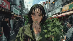 an animated image of a woman holding some plants,a girl standing in the middle of a street next to a bush