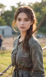 a young woman wearing a braid standing in the dirt