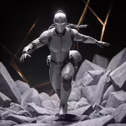 a man dressed in a suit running down rocks