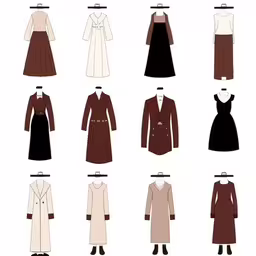 a pattern showing the different styles of dresses,an array of dresses on clothing pins