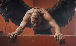 man dressed as an angel with long hair climbing on to ledge