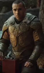 a young man in armor sitting next to a tree