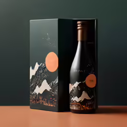 a wine bottle with an orange label and an open box