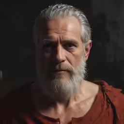 an older man with white hair and a goatee beard looks menacing