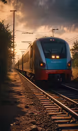 the electric train is traveling down the railroad tracks,a passenger train traveling through a rural country side