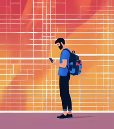 a man in blue shirt with backpack using cell phone,a man with backpack is on a cellphone