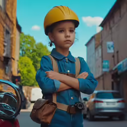 a young girl with a yellow hard hat