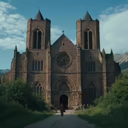 the person is walking away from the large church