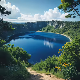 a large lake surrounded by green trees on top of a hill