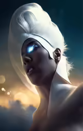 a close up of a woman wearing a white headband